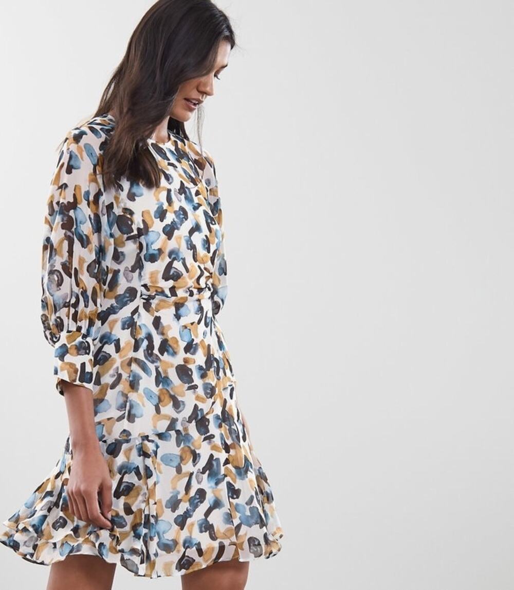 Reiss Molly Printed Mini Dress Blue Mustard Size 6 Painterly Flippy Watercolor